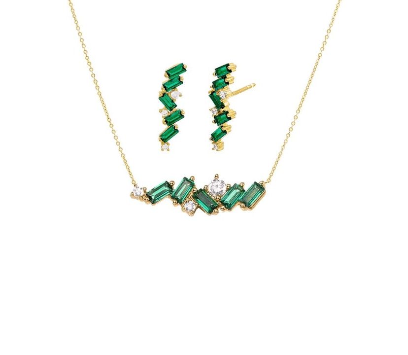 Emerald Green CZ Baguette Earring & Necklace Combo Set