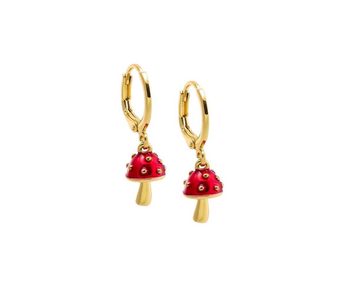 Red Enamel Mushroom Dangling Huggie Earring