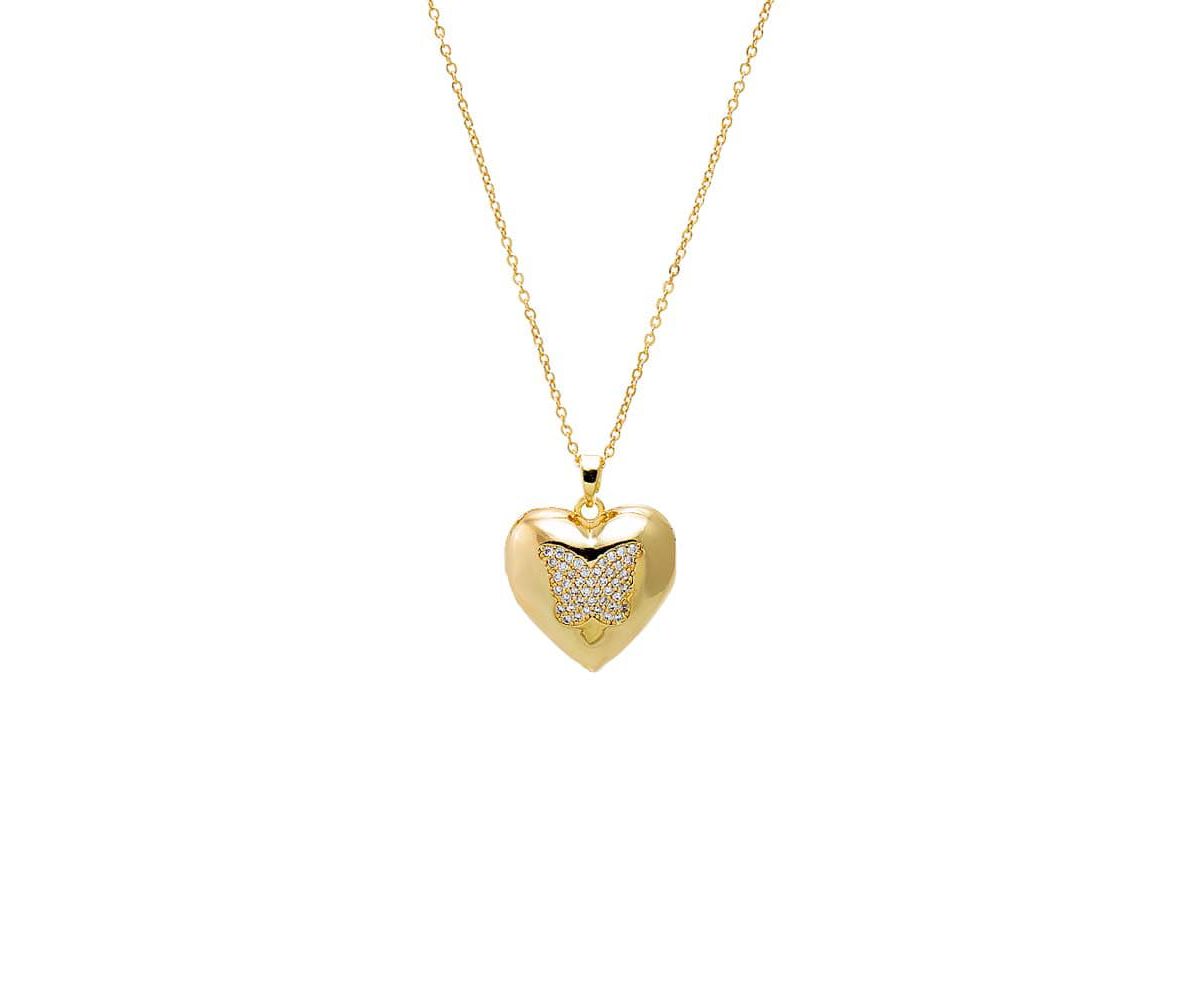 Pave Butterfly Bubble Heart Locket Necklace