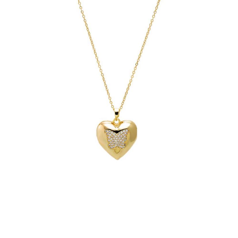 Pave Butterfly Bubble Heart Locket Necklace