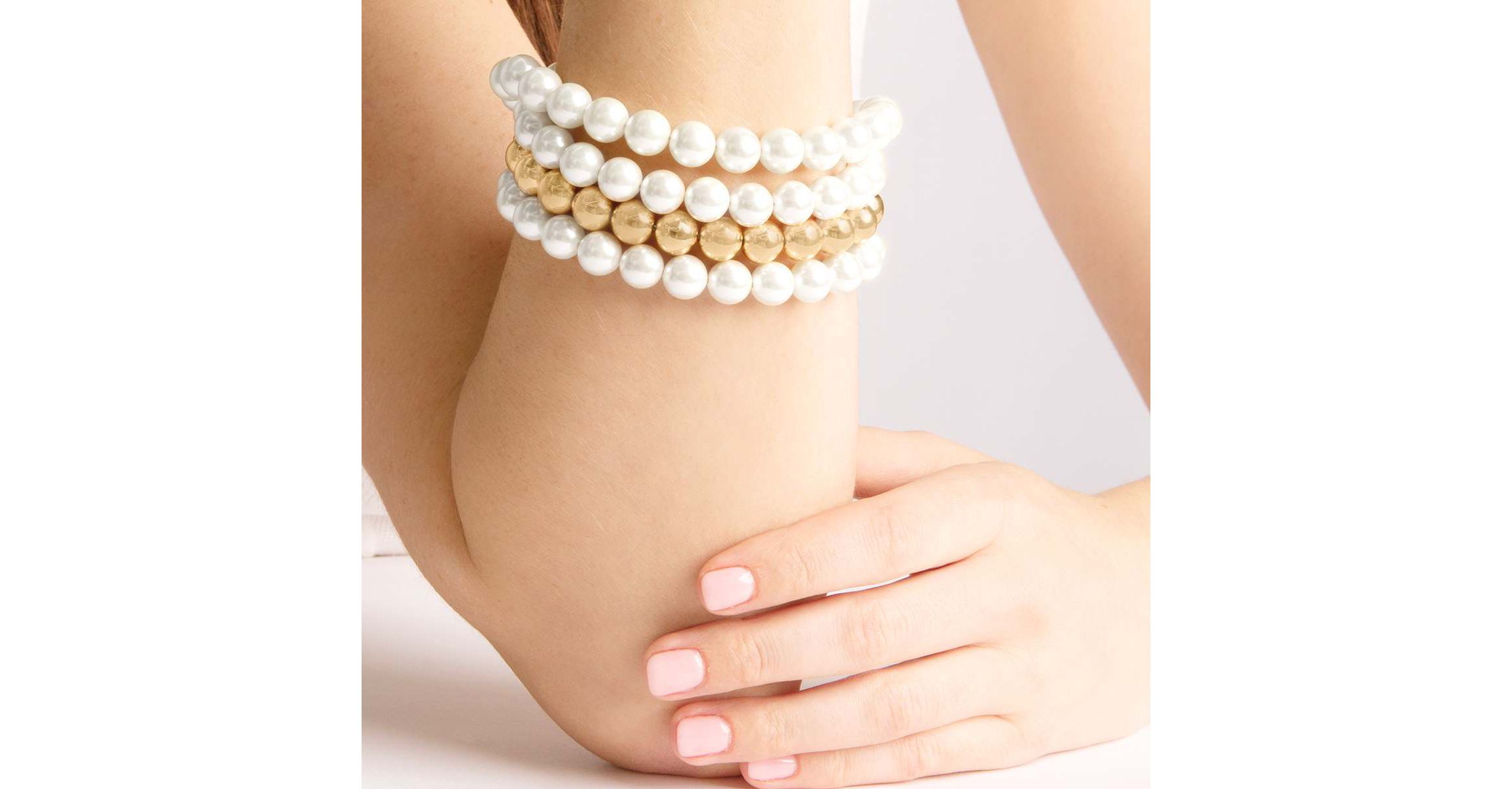 Four Strand Pearl and Gold Ball Bracelet, 7 Inches For Women