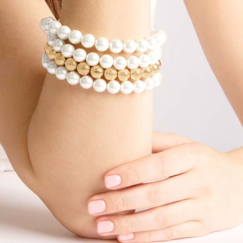 Four Strand Pearl and Gold Ball Bracelet, 7 Inches For Women