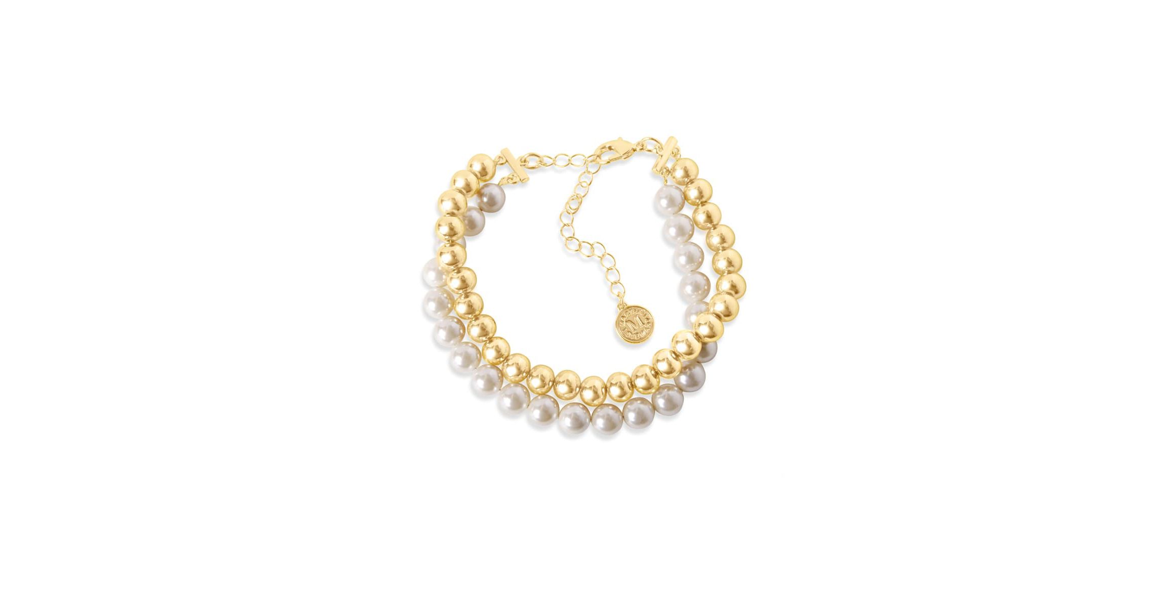 Two Strand Pearl and Gold Ball Bracelet, 7 Inches For Women