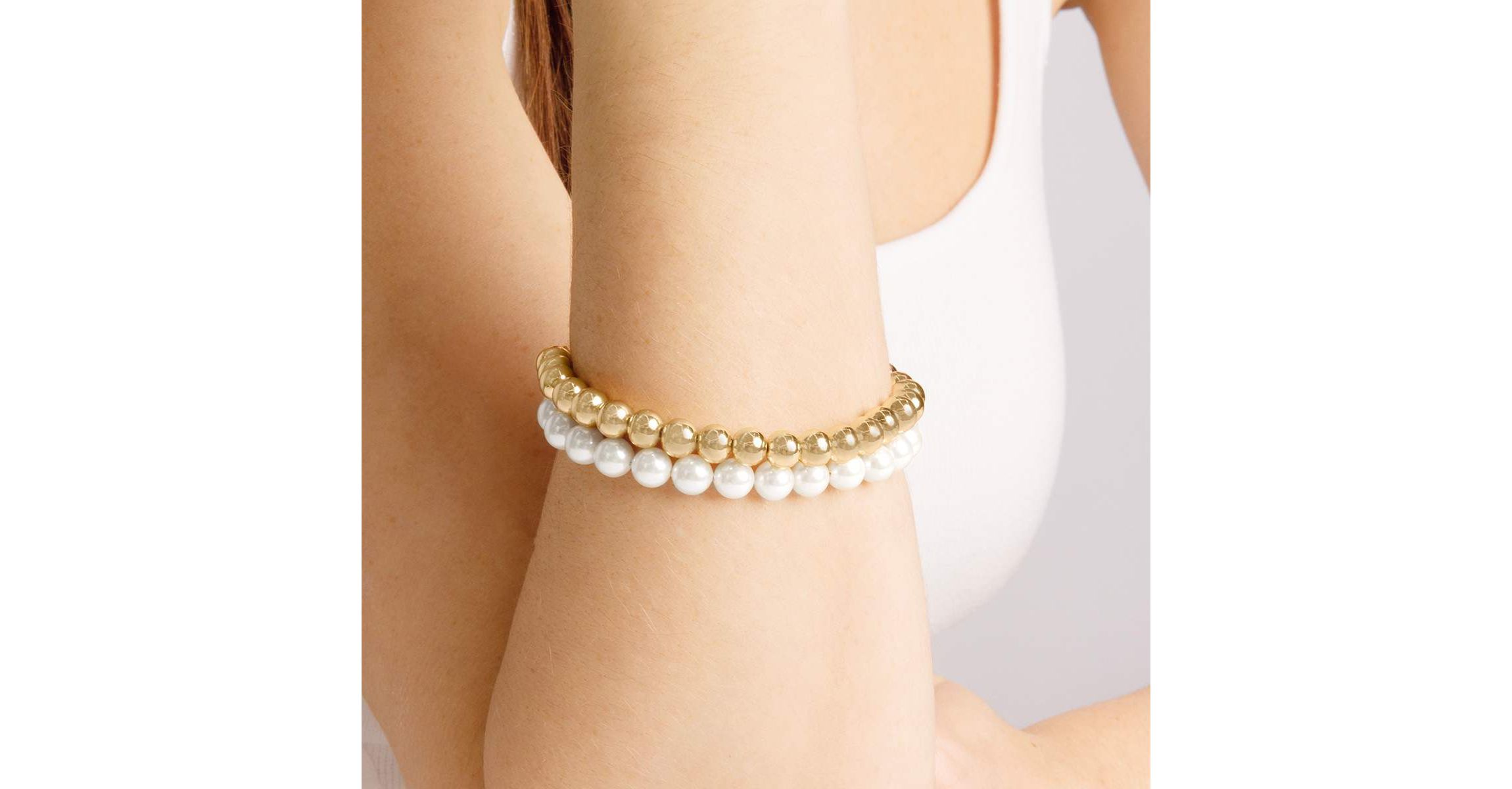 Two Strand Pearl and Gold Ball Bracelet, 7 Inches For Women