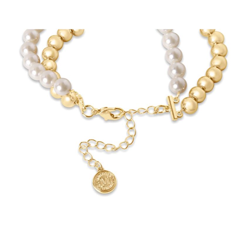 Two Strand Pearl and Gold Ball Bracelet, 7 Inches For Women