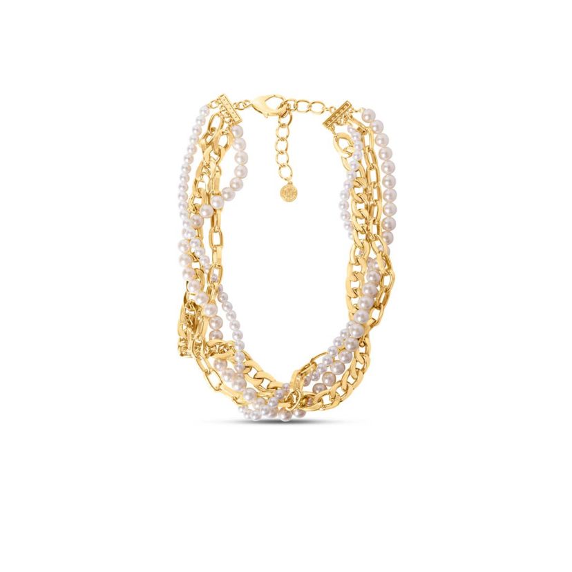 Four Twisted Strand Pearl and Chain Necklace In Gold