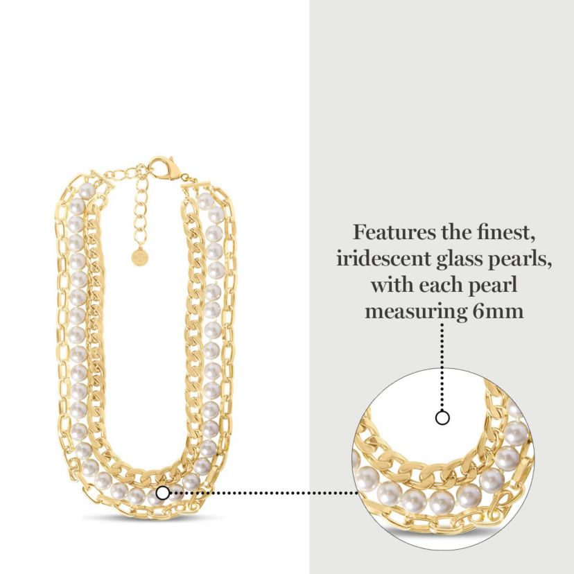 Three Strand Pearl and Chain Necklace In Gold