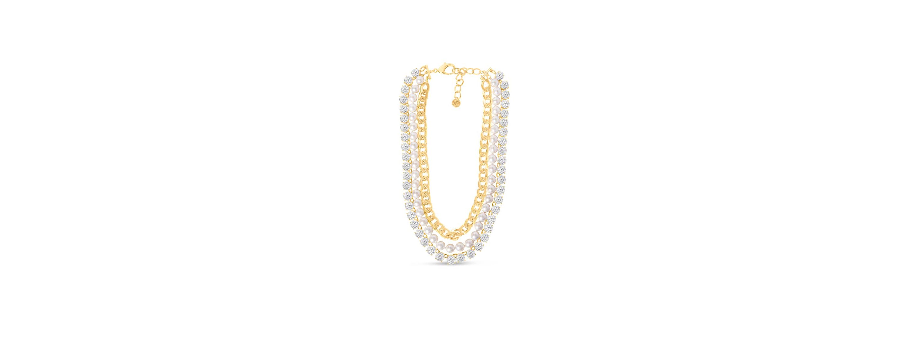 Three Strand Pearl, Crystal and Chain Necklace In Gold, 18 Inches For Women