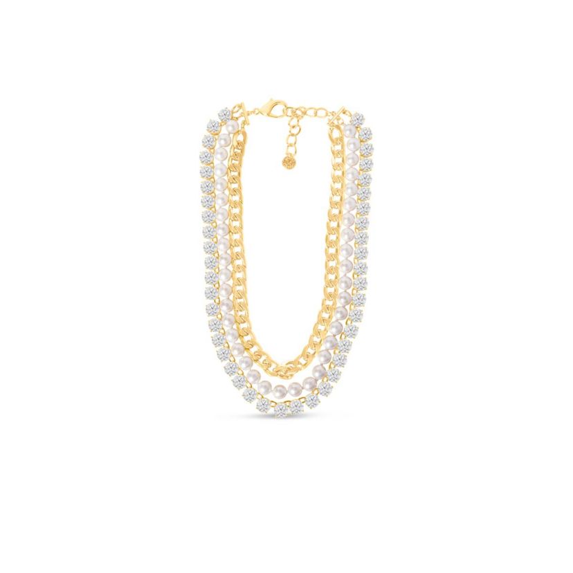 Three Strand Pearl, Crystal and Chain Necklace In Gold, 18 Inches For Women