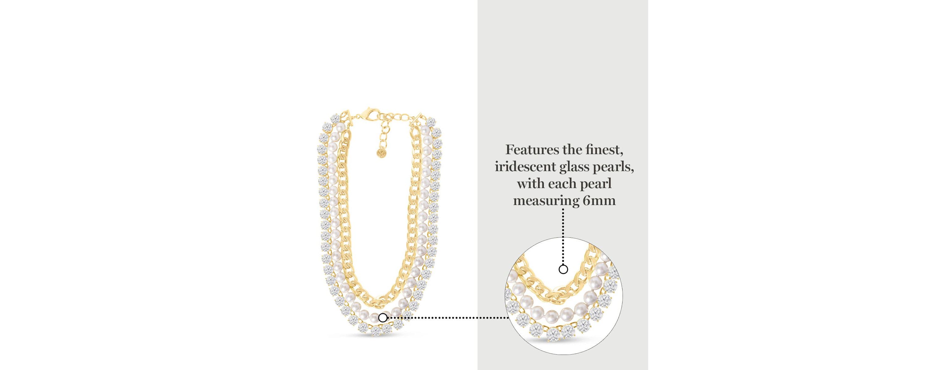 Three Strand Pearl, Crystal and Chain Necklace In Gold, 18 Inches For Women