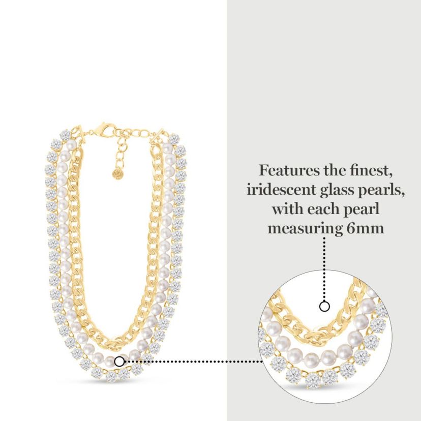 Three Strand Pearl, Crystal and Chain Necklace In Gold, 18 Inches For Women