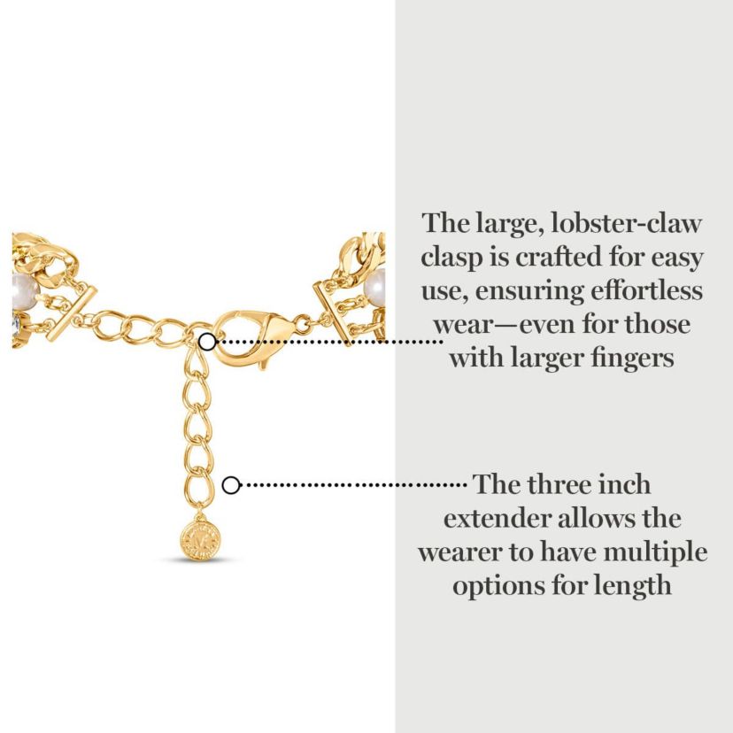Three Strand Pearl, Crystal and Chain Necklace In Gold, 18 Inches For Women