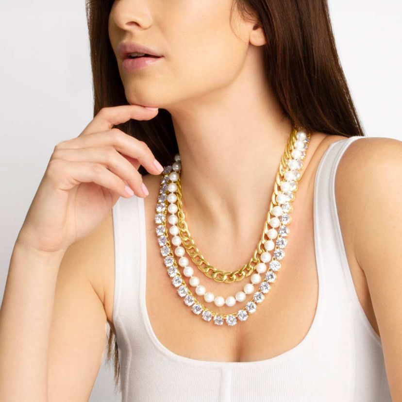 Three Strand Pearl, Crystal and Chain Necklace In Gold, 18 Inches For Women