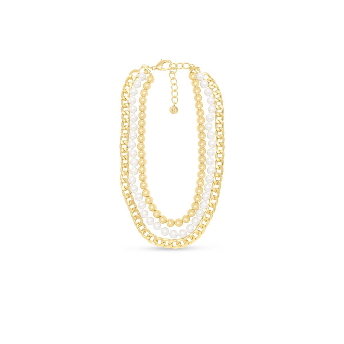Three Strand Pearl, Gold Ball and Chain Necklace In Gold, 18 Inches For Women