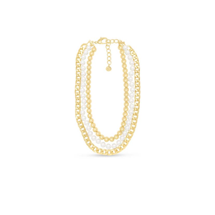 Three Strand Pearl, Gold Ball and Chain Necklace In Gold, 18 Inches For Women