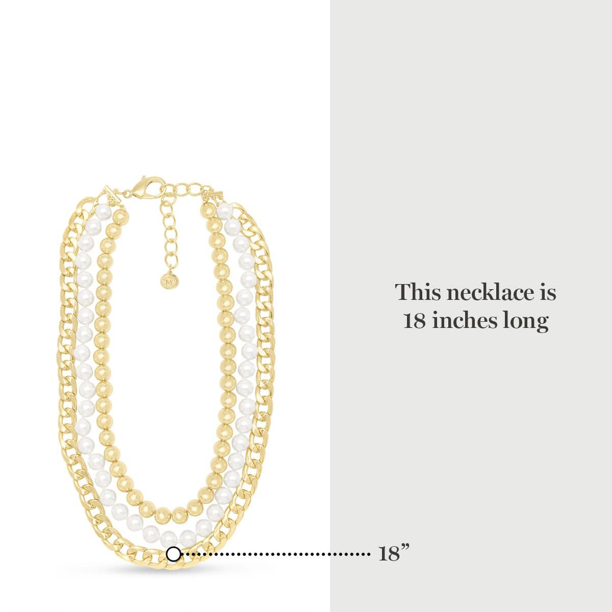 Three Strand Pearl, Gold Ball and Chain Necklace In Gold, 18 Inches For Women
