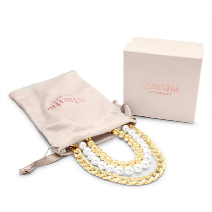 Three Strand Pearl, Gold Ball and Chain Necklace In Gold, 18 Inches For Women