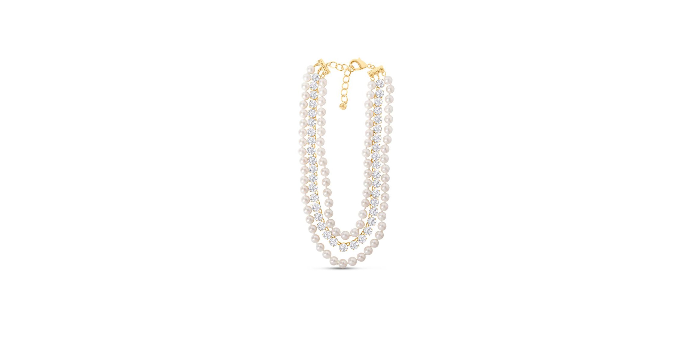 Three Strand Pearl and Crystal Necklace In Gold, 18 Inches For Women