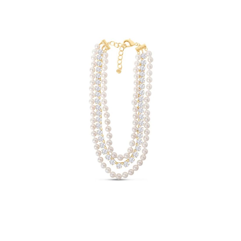 Three Strand Pearl and Crystal Necklace In Gold, 18 Inches For Women