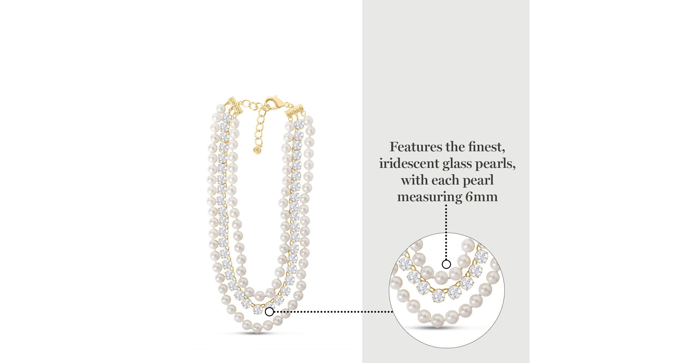 Three Strand Pearl and Crystal Necklace In Gold, 18 Inches For Women
