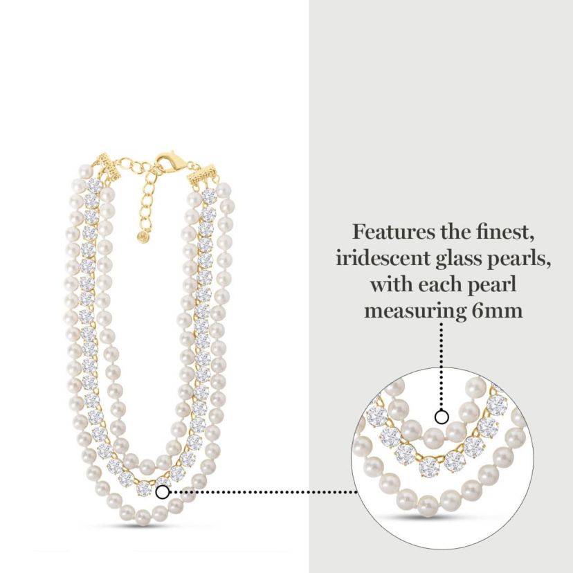 Three Strand Pearl and Crystal Necklace In Gold, 18 Inches For Women