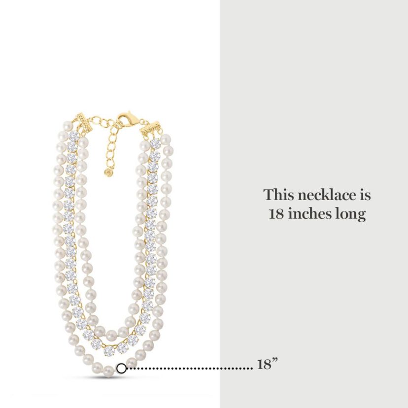 Three Strand Pearl and Crystal Necklace In Gold, 18 Inches For Women