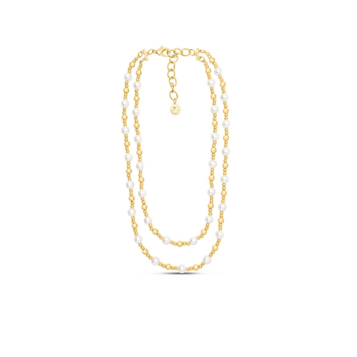 Two Strand Pearl and Gold Ball Necklace, 20 Inches For Women