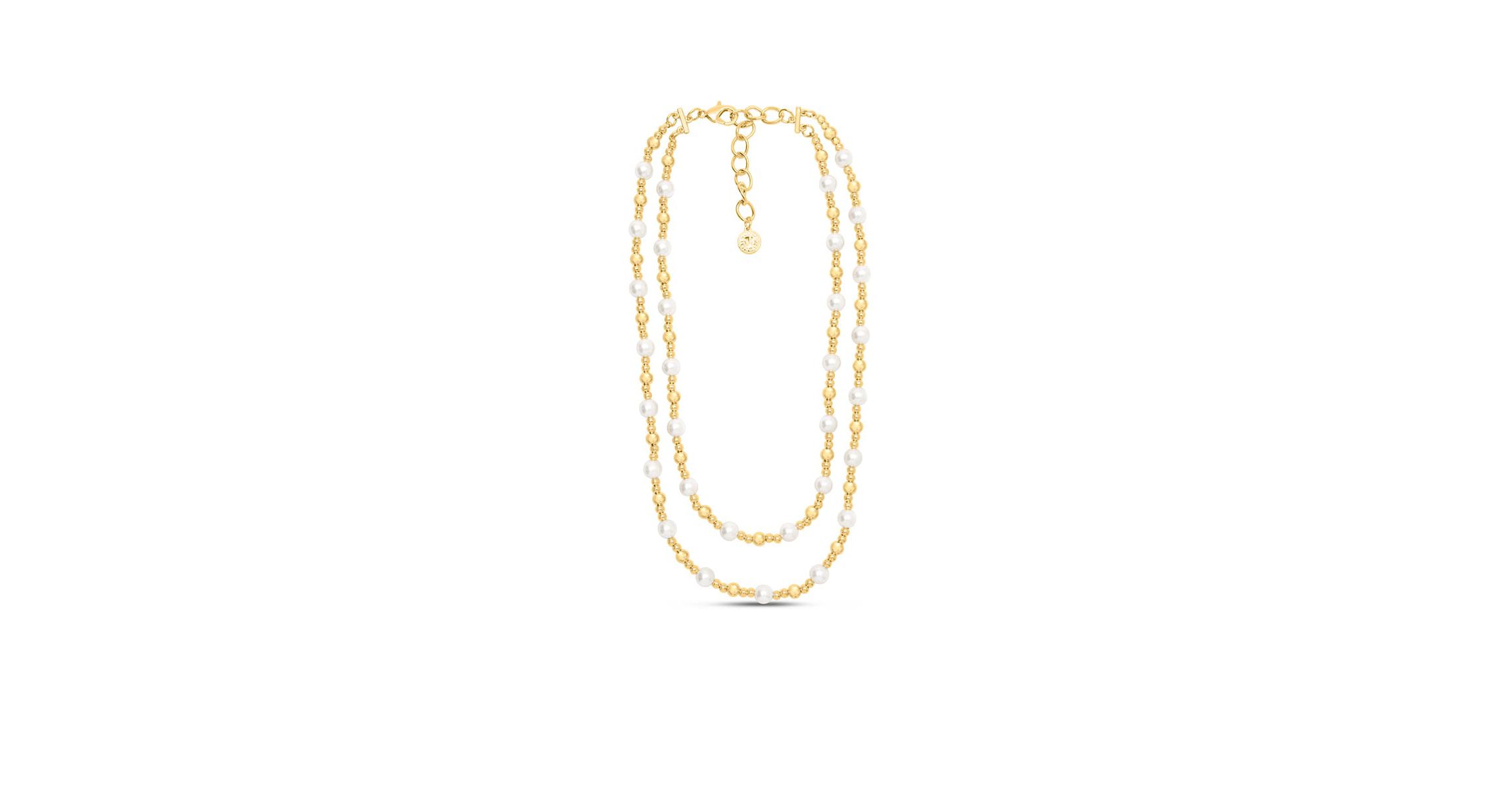 Two Strand Pearl and Gold Ball Necklace, 20 Inches For Women