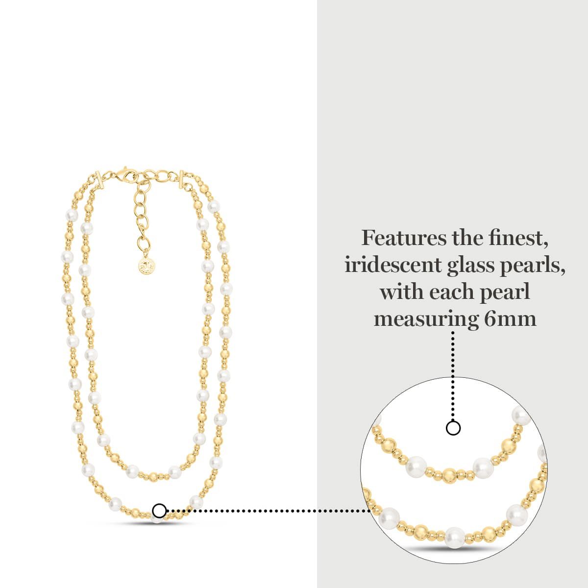 Two Strand Pearl and Gold Ball Necklace, 20 Inches For Women