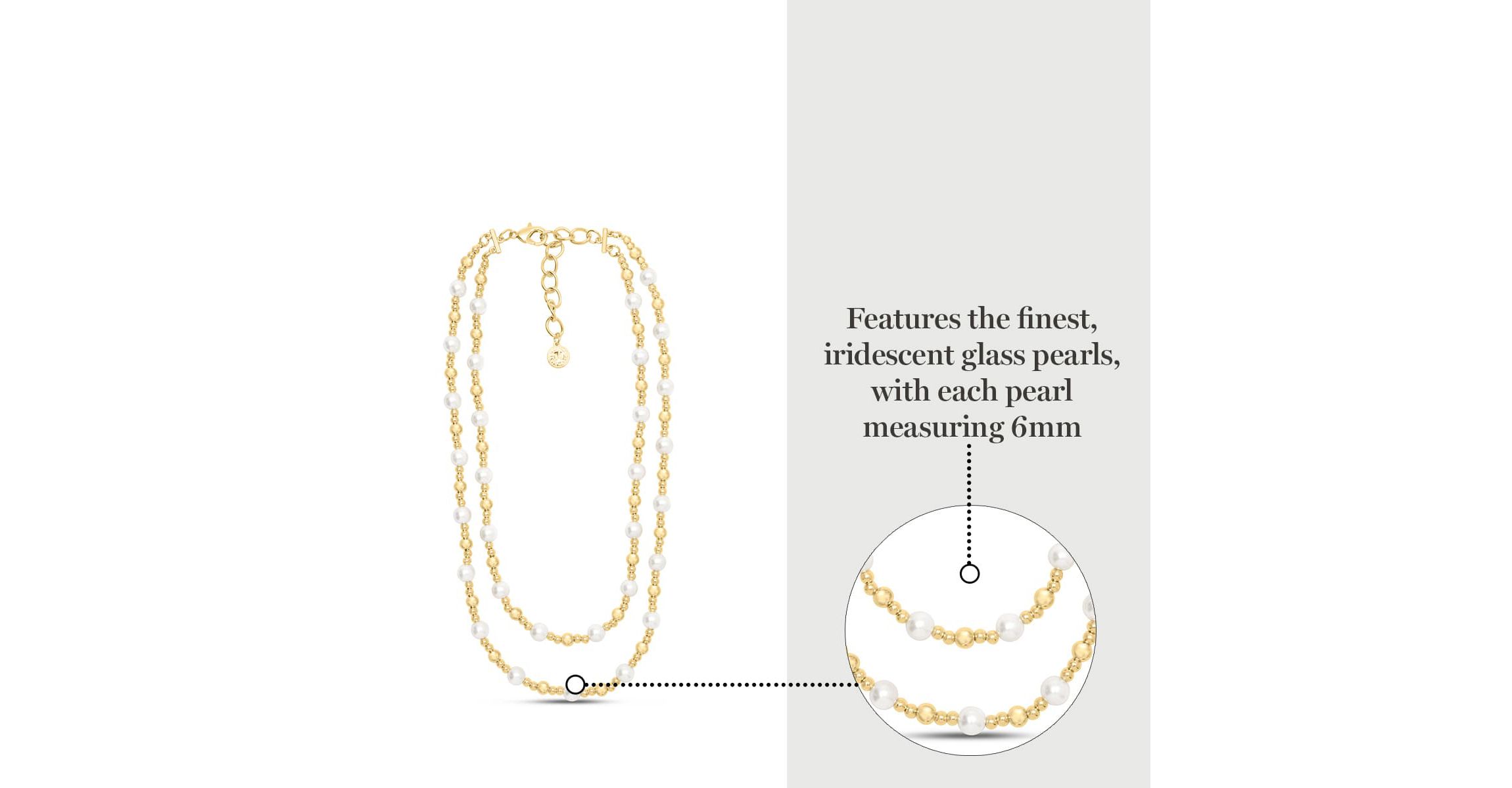 Two Strand Pearl and Gold Ball Necklace, 20 Inches For Women