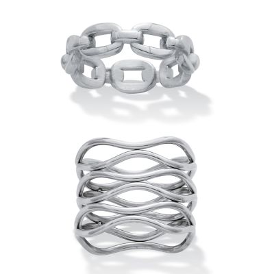 Seta Jewelry Set of 2 Stainless Steel Weaved and Chain-Link Rings, Silver, 7