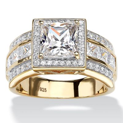 Seta Jewelry 2.92 TCW Princess-Cut Cubic Zirconia 18k Gold-Plated Sterling Silver Halo Ring, White, 10
