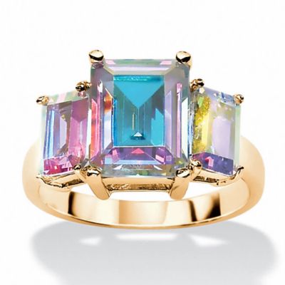 Seta Jewelry 5.60 TCW Emerald-Cut Aurora Borealis Cubic Zirconia 3-Stone Ring Yellow Gold-Plated