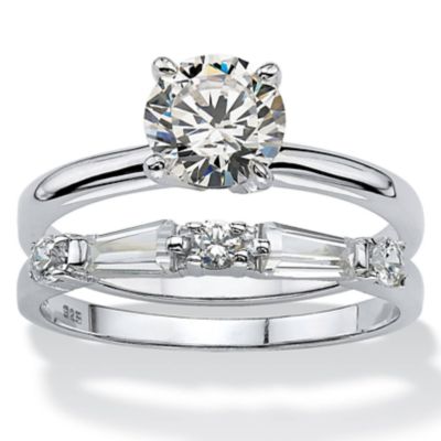 Seta Jewelry Round Cubic Zirconia Solitaire and Baguette 2-Piece Wedding Ring Set 2.06 TCW in Sterling Silver