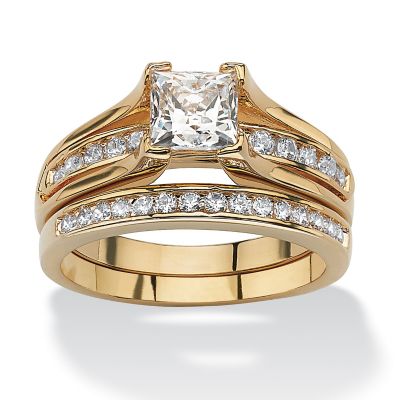 Seta Jewelry 1.88 TCW Princess-Cut Cubic Zirconia Gold-Plated Bridal Engagement Ring Wedding Band Set