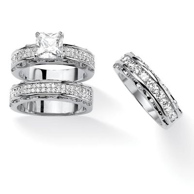 Seta Jewelry 3.10 Cttw. Silvertone Princess-Cut Cubic Zirconia 3-Piece Wedding Ring Set, White, 9