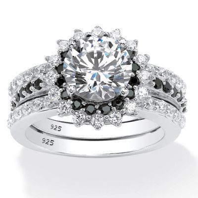 Seta Jewelry 3.12 TCW Cubic Zirconia Vintage-Style Halo Bridal Set in Platinum-plated Sterling Silver, White, 7