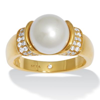 Seta Jewelry .32 TCW CZ and Round Simulated Pearl Gold-Plated Ring