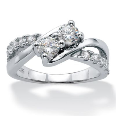 Seta Jewelry Round Cubic Zirconia 2-Stone Bypass Promise Ring 1.20 TCW in Platinum-plated Sterling Silver, White, 8