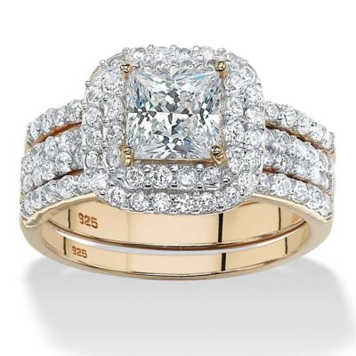Seta Jewelry 2.37 TCW Princess-Cut Cubic Zirconia 14k Gold-plated Sterling Silver 3-Piece Double Halo Bridal Ring Set