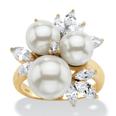 Seta Jewelry 1.84 Cttw. Round 14k Gold-plated Silver Simulated Pearl and Cubic Zirconia Cluster Ring