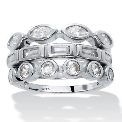 Seta Jewelry Set of 3 Stackable Silvertone Multi-Shape Ring Set, White, 7