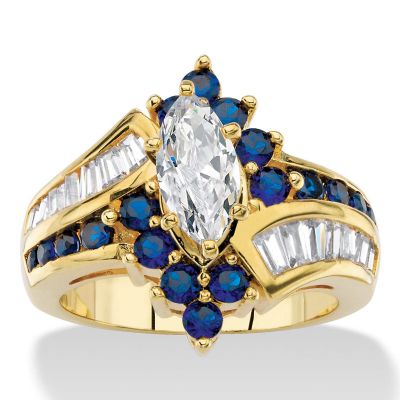 Seta Jewelry 3.05 TCW Marquise-Cut Cubic Zirconia and Simulated Blue Sapphire Bypass Cocktail Ring Yellow Gold-Plated