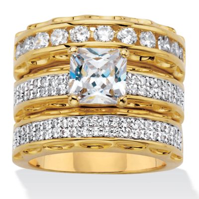 Seta Jewelry 3.10 TCW Princess-Cut Cubic Zirconia Gold-Plated Wedding Three-Piece Ring Set, White, 6