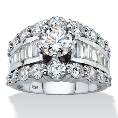 Seta Jewelry Round Cubic Zirconia Triple Row Engagement Ring 6.40 TCW with Baguette Accents in Sterling Silver