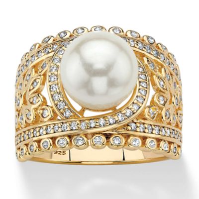 Seta Jewelry .65 Cttw. 14k Gold-plated Sterling Silver Simulated Pearl and Cubic Zirconia Floral Ring