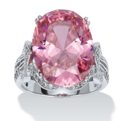 Seta Jewelry 13.24 TCW Oval-Cut Simulated Pink Tourmaline Cubic Zirconia Cocktail Ring with White CZ Accents Platinum-Plated, 6
