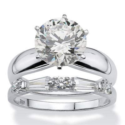 Seta Jewelry Round Cubic Zirconia Solitaire and Baguette 2-Piece Wedding Ring Set 4.48 TCW in Sterling Silver