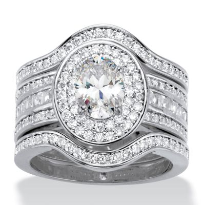 Seta Jewelry Oval-Cut Cubic Zirconia 3-Piece Double Halo Wedding Ring Set 2.60 TCW Platinum-Plated, White, 10