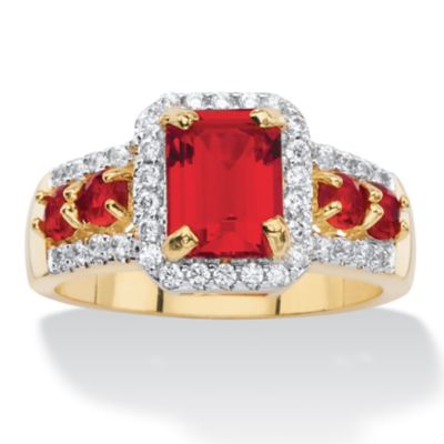 Seta Jewelry Emerald-Cut Simulated Red Ruby and Cubic Zirconia Halo Cocktail Ring 2.54 TCW 18k Gold-Plated
